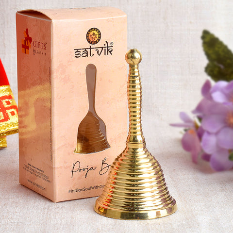 Winsome handcrafted brass pooja bell with polished finish, perfect for daily rituals and temple ceremonies. India’s Largest Pooja Accessories Brand – www.satvikworld.com
