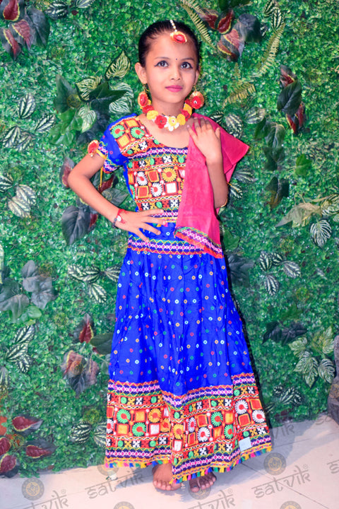 Radha Dress (Lehenga Set) with Phulkari embroidery in blue and pink for girls – India’s Largest Pooja Accessories Brand – www.satvikstore.in