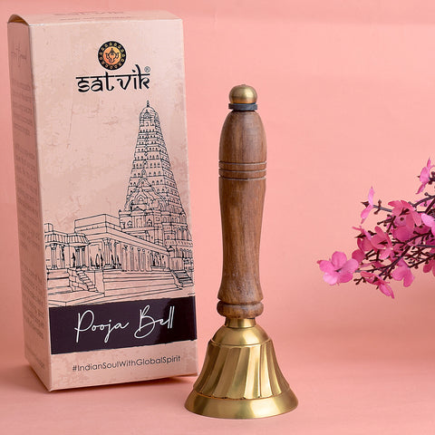 Traditional wooden handle brass bell with a polished finish, ideal for pooja rituals and temple ceremonies, offering a clear and resonant sound. India’s Largest Pooja Accessories Brand – www.satvikworld.com
