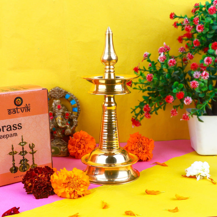 10 Inch Small Brass Kerala Diya AKP NilaVilakku Deepam – Classic brass diya, ideal for pooja ceremonies and spiritual rituals. India’s Largest Pooja Accessories Brand – www.satvikstore.in