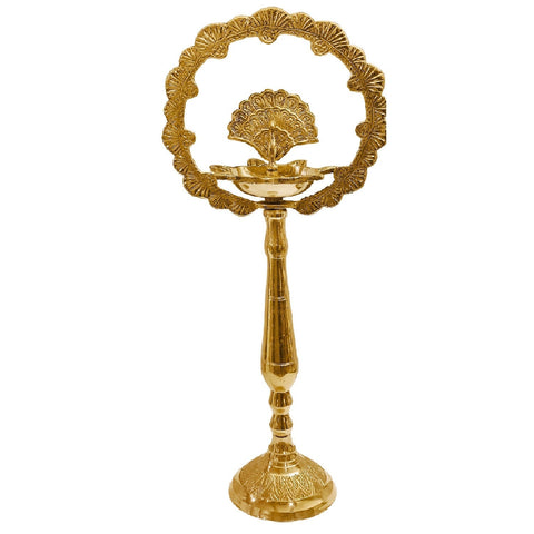 14 INCH Brass Mor Kiran Style Kerala Diya – Exquisite brass diya with Mor Kiran design, perfect for pooja rituals, spiritual occasions, and festive decor. India’s Largest Pooja Accessories Brand – www.satvikstore.in