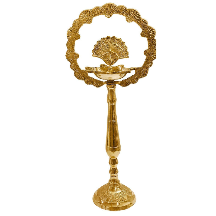 14 INCH Brass Mor Kiran Style Kerala Diya – Exquisite brass diya with Mor Kiran design, perfect for pooja rituals, spiritual occasions, and festive decor. India’s Largest Pooja Accessories Brand – www.satvikstore.in