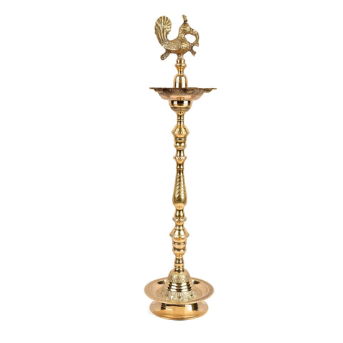 32 Inch Brass Kerala Peacock Samai Deepam Inauguration Lamp – Stunning handcrafted peacock-shaped lamp for rituals, inaugurations, and spiritual celebrations. India’s Largest Pooja Accessories Brand – www.satvikstore.in