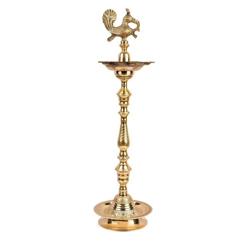 32 Inch Brass Kerala Peacock Samai Deepam Inauguration Lamp – Stunning handcrafted peacock-shaped lamp for rituals, inaugurations, and spiritual celebrations. India’s Largest Pooja Accessories Brand – www.satvikstore.in
