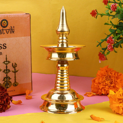 6 Inch Small Brass Kerala Diya AKP NilaVilakku Deepam – Traditional brass diya for pooja ceremonies and spiritual rituals. India’s Largest Pooja Accessories Brand – www.satvikstore.in