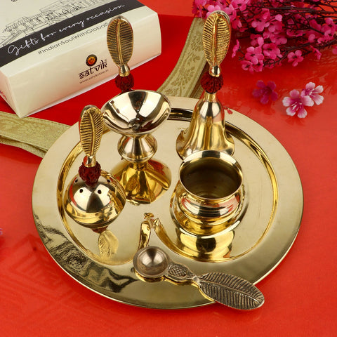 6 Piece Brass Rudraksha Pooja Thali Set (9 Inch) Design 9 Ideal for Diwali, Lakshmi Pooja, daily rituals, and gifting for prosperity and blessings - Satvikworld.com