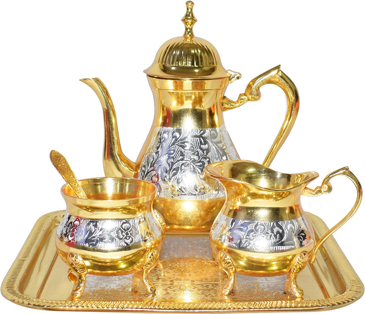 Antique Mughal-style brass tea and coffee set in gold and silver finish with intricate engraving. India’s Largest Pooja Accessories Brand – www.satvikworld.com