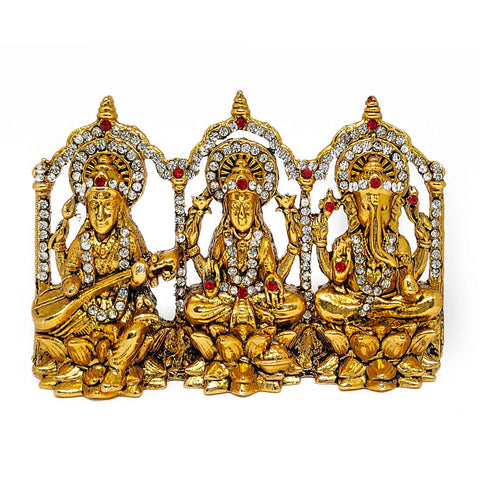 Divine Laxmi and Ganesh with Saraswati Idol, a beautiful depiction of Goddess Lakshmi, Lord Ganesha, and Goddess Saraswati, symbolizing prosperity, wisdom, and knowledge, crafted with intricate detailing for home or temple decor. India’s Largest Pooja Accessories Brand – www.satvikworld.com