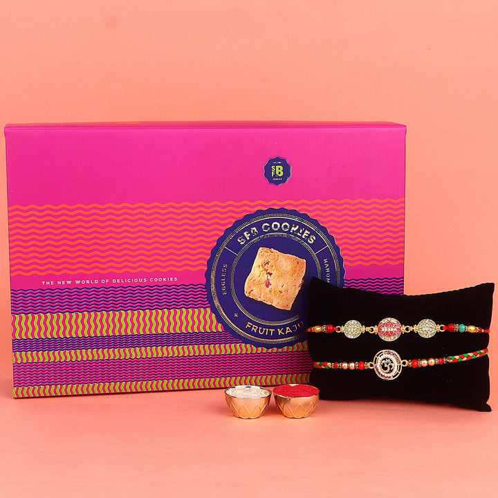 Image of a beautifully designed Rakhi with sweets, the perfect combination of tradition and sweetness for Raksha Bandhan celebration. Shop now at SatvikStore.in. #Rakhi #RakhiOnline #SendRakhi #DesignerRakhi #BeautifulRakhi #LatestRakhi #NewRakhi #ModernRakhi"