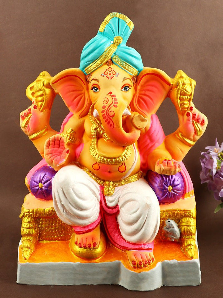 13.5 Inch Manomay Eco-Friendly Ganesha Idol in a majestic Raja Pose, handcrafted from Shadu clay with eco-friendly detailing. India’s Largest Pooja Accessories Brand – www.satvikworld.com