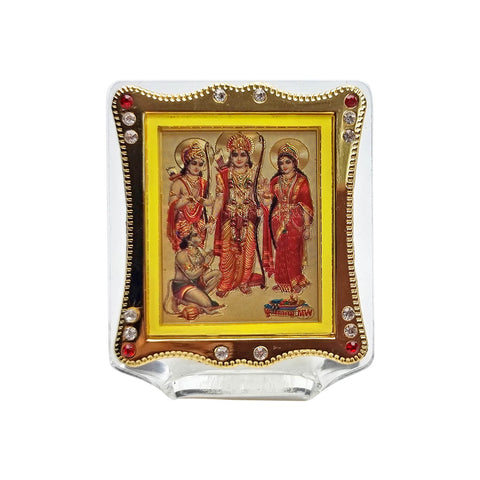 Ram Darbaar framed photo for car dashboard featuring Lord Ram, Sita, Lakshman, and Hanuman for spiritual protection and blessings. India’s Largest Pooja Accessories Brand – www.satvikworld.com