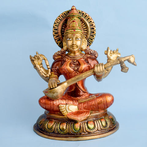 10.2 Inch Beautiful Brass Saraswati Idol | Saraswati Mata Murti Brass Statue featuring intricate detailing, perfect for spiritual home decor, temple worship, and devotional gifting. India’s Largest Brass Idols Brand - www.satvikworld.com