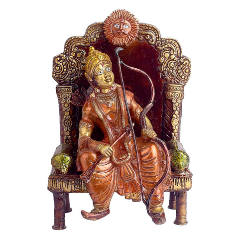 10.8 Inch Antique Brass Lord Ram On Throne (Singhasan) Idol Brass Statue featuring intricate detailing, perfect for spiritual home decor, temple worship, and devotional gifting. India’s Largest Brass Idols Brand - www.satvikworld.com