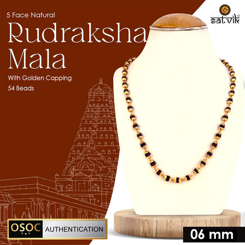 100% Original Certified 5 Mukhi Rudraksha Mala with Golden Capping – Natural Spiritual Beads for Protection, Health, and Positive Energy. India’s Largest Pooja Accessories Brand - www.satvikworld.com