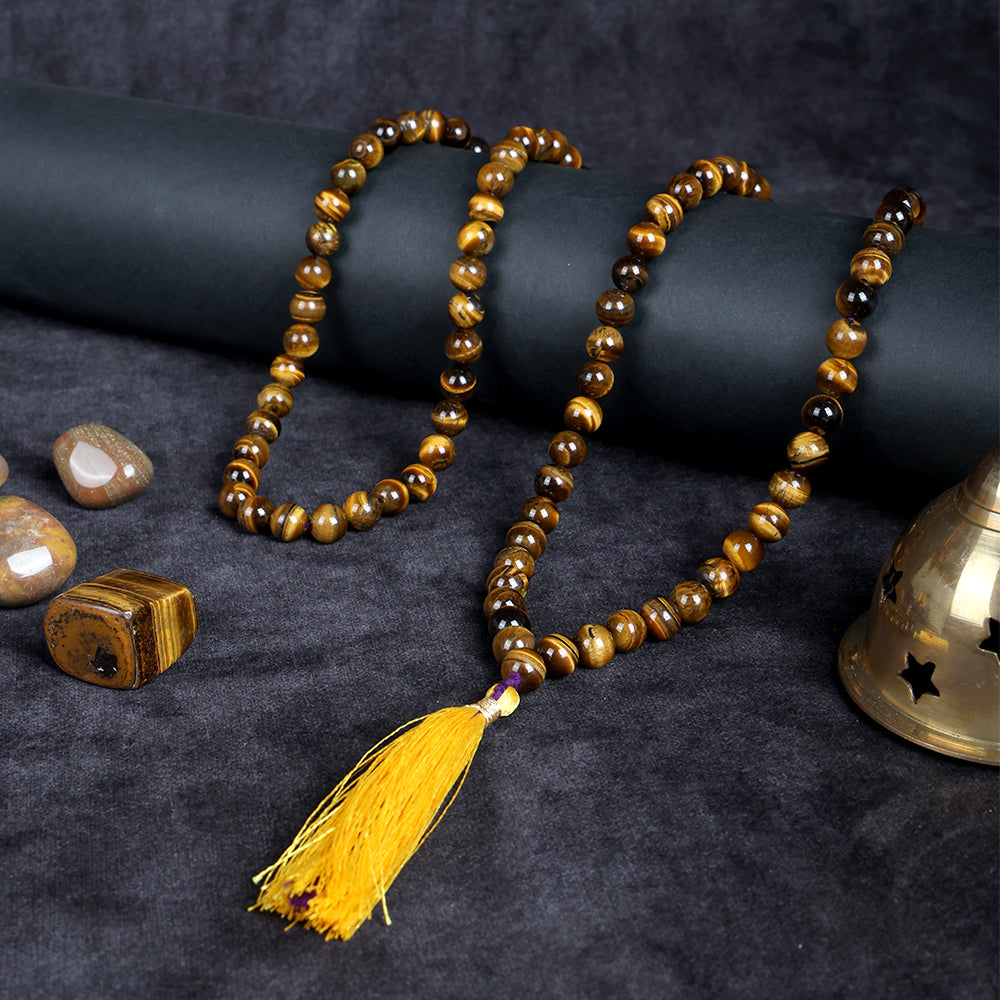 108 Beads Tiger Eye Crystal Jaap Mala for Protection, Strength, Confidence and Deep Meditation Practice. India’s Largest Pooja Accessories Brand – www.satvikworld.com

