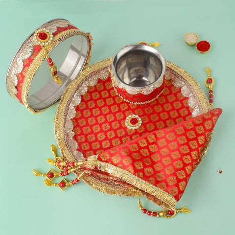 11 Pc Stunning Red Embroidery Karwa Chauth Thali Set with Cover, Channi, Kalash, and Complete Puja Kit. India’s Largest Pooja Accessories Brand - www.satvikworld.com