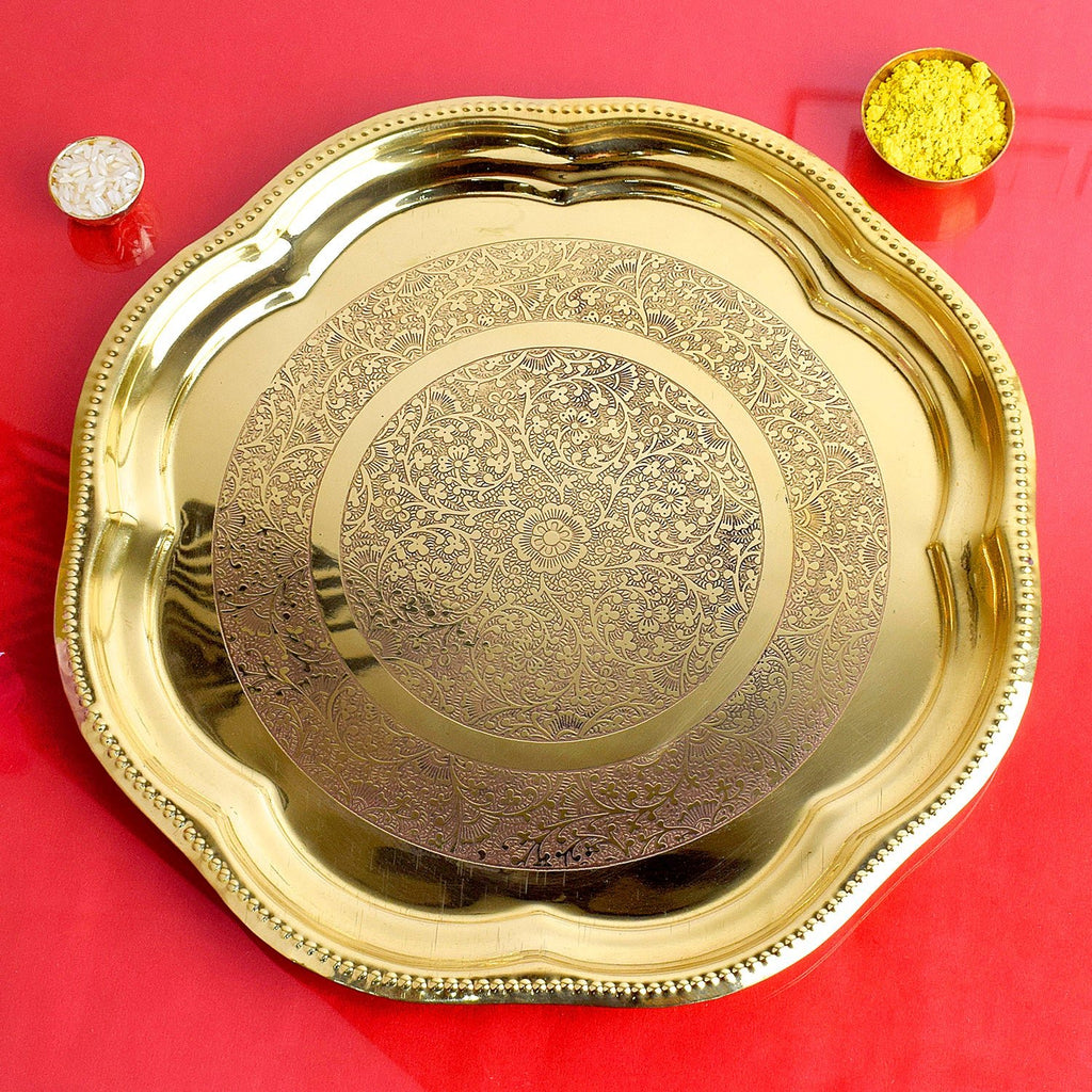 12 Inch Brass Decorative Engraved Aarti Puja Thali with traditional patterns and antique finish, perfect for pooja and festive rituals India’s Largest Pooja Accessories Brand – www.satvikworld.com