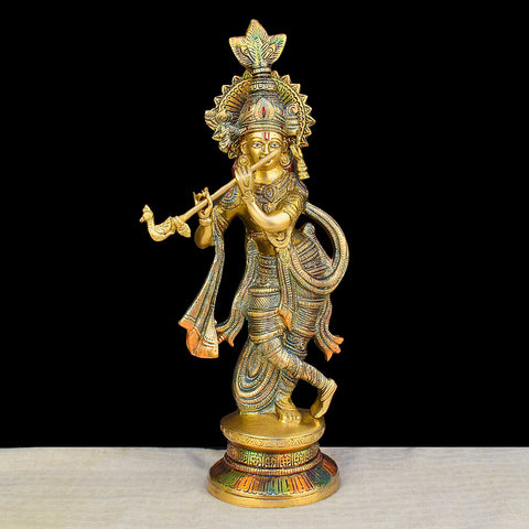 15-inch large brass statue of Lord Krishna, crafted with intricate details, symbolizing devotion, peace, and divine blessings for home and temple décor. India’s Largest Brass Idols Brand - www.satvikworld.com
