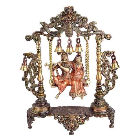 18.1 Inch Pure Brass Large Radha Krishna Swing Jhoola Brass Statue featuring intricate detailing, perfect for spiritual home decor, temple worship, and devotional gifting. India’s Largest Brass Idols Brand - www.satvikworld.com
