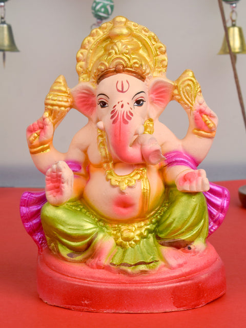 6-inch eco-friendly Ganesha idol in Gajanan pose, handcrafted from natural clay and painted with vibrant, non-toxic colors, perfect for home worship and visarjan. India’s Largest Pooja Accessories Brand – www.satvikworld.com