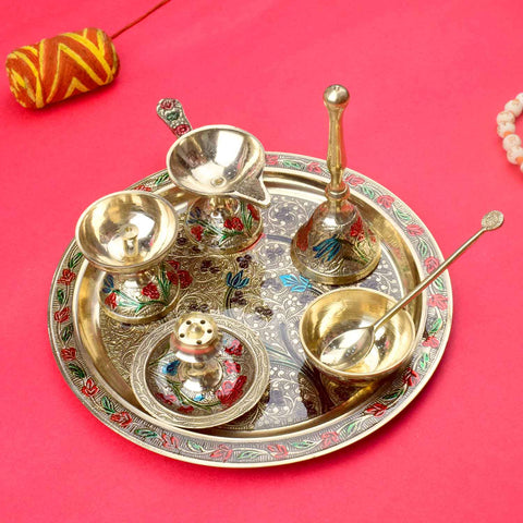 Ravishing 7-piece brass puja thali set with 8-inch thali and traditional pooja accessories, placed inside a luxurious red velvet box. India’s Largest Pooja Accessories Brand – www.satvikworld.com