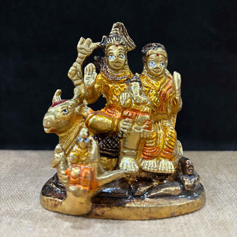 3-inch Shiv Parivaar idol featuring Lord Shiva, Goddess Parvati, Lord Ganesha, and Lord Kartikeya, with Nandi, the divine bull, intricately detailed in brass. Symbolizing family blessings, harmony, and spiritual protection. India’s Largest Pooja Accessories Brand – www.satvikworld.com