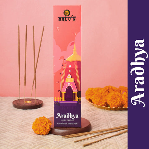 Aradhya Pure Masala Incense Sticks box for meditation, prayer, and relaxation. India’s Largest Pooja Accessories Brand - www.satvikworld.com