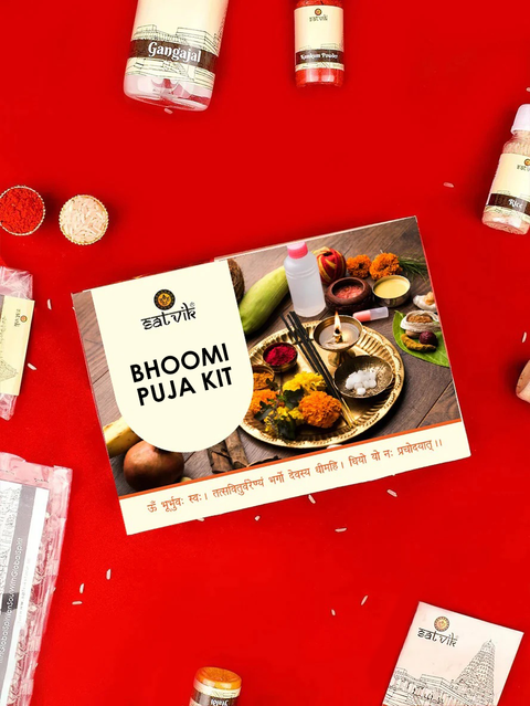 Complete Bhoomi Puja Kit containing essential items for Vastu Shanti and land worship rituals, ideal for housewarming and construction ceremonies. India’s Largest Pooja Accessories Brand – www.satvikworld.com