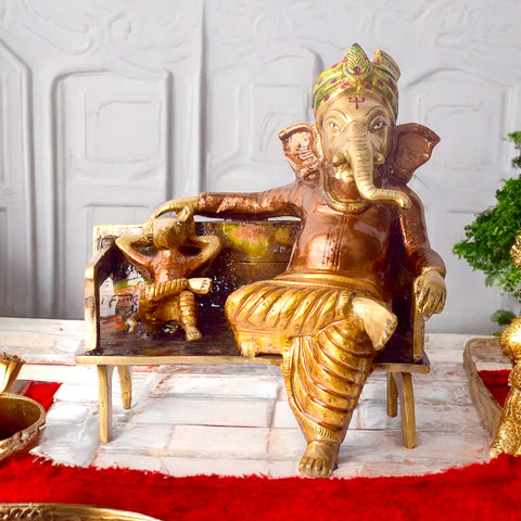 Brass Sitting Ganesha Idol – A large, beautifully crafted statue of Lord Ganesha, symbolizing wisdom, prosperity, and remover of obstacles. Ideal for home decor, spiritual worship, and creating a serene, divine atmosphere. India’s Largest Pooja Accessories Brand – www.satvikworld.com