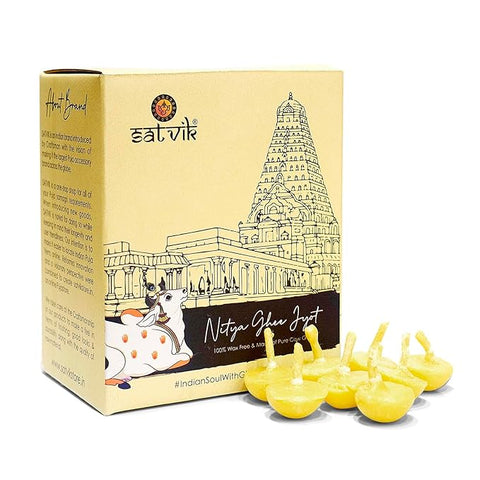 Bulk Pack of 100 Pure Cow Ghee Diya Wicks (Wax Free), made from Ayurvedic cow ghee for long, clean-burning light during aarti and festivals. India’s Largest Pooja Accessories Brand – www.satvikworld.com