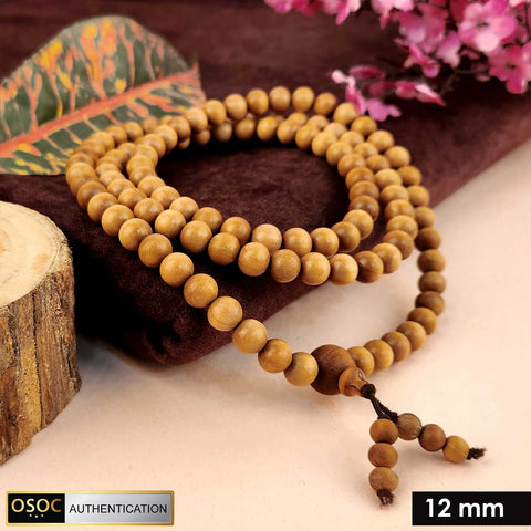 Certified 12mm 100% original authentic Mysore white sandalwood (Chandan) jap mala, handcrafted with large smooth beads for meditation, prayer, and spiritual rituals. India’s Premium Jap Mala Store - www.satvikworld.com