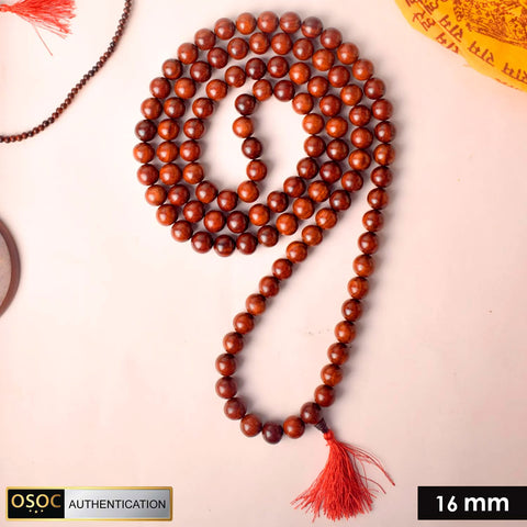 Certified 16mm 100% Original Pure Red Sandalwood Jap Mala from Andhra Pradesh, crafted for deep meditation, mantra chanting, and enhancing spiritual strength. India’s Largest Pooja Accessories Brand - www.satvikworld.com