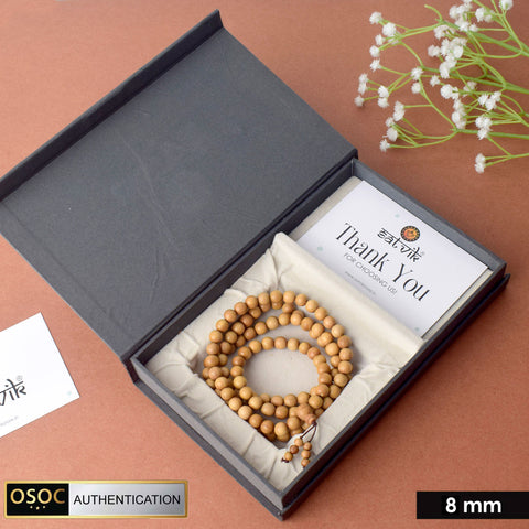 Certified 8mm original Mysore white sandalwood (Chandan) jap mala made from pure authentic chandan beads for japa, meditation, and daily spiritual practice. India’s Largest Pooja Accessories Brand – www.satvikworld.com