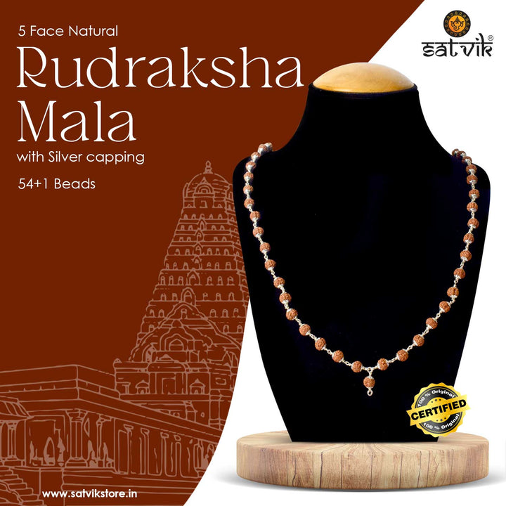 Certified Rudraksha Mala with silver Capping made from Acacia catechu black wood beads – ideal for meditation, chanting, and spiritual protection. India’s Premium Rudraksha Jap Mala Store- www.satvikworld.com
