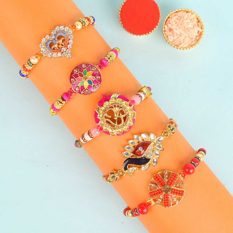 Set of 5 Designer Rakhi Threads with Roli Chawal and Ram Sita Stickers for Raksha Bandhan Celebration. India’s Largest Pooja Accessories Brand - www.satvikworld.com