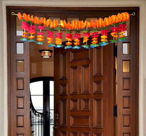 Colorful Artificial Flower Bandarwal Floral Toran (Design-14) with intricate marigold-style flowers and green leaf accents, perfect for traditional door decoration during festivals and pooja ceremonies. India’s Largest Pooja Accessories Brand – www.satvikworld.com 