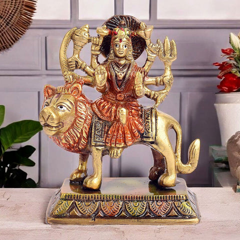 4.1-inch elegant Durga Maa idol, intricately crafted in brass, depicting the goddess with her divine attributes, symbolizing power, protection, and victory over evil. Perfect for home temple, festive décor, or worship. India’s Largest Pooja Accessories Brand – www.satvikworld.com