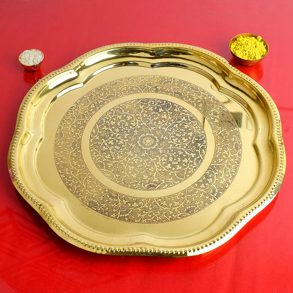 9.5 Inch Brass Decorative Enrgaved Aarti Puja Thali Puja Store Online Pooja Items Online Puja Samagri Pooja Store near me www.satvikworld.com