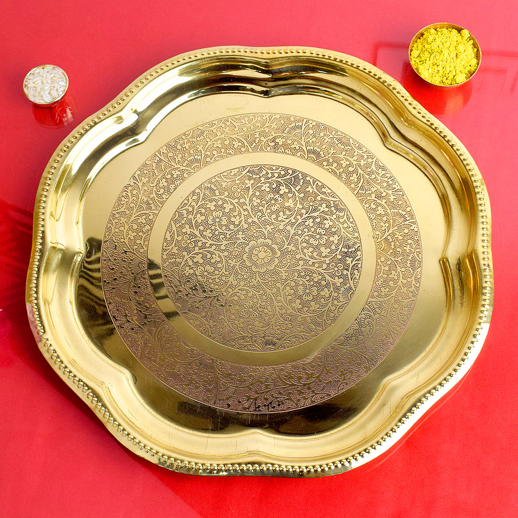 9.5 Inch Brass Decorative Enrgaved Aarti Puja Thali Puja Store Online Pooja Items Online Puja Samagri Pooja Store near me www.satvikworld.com