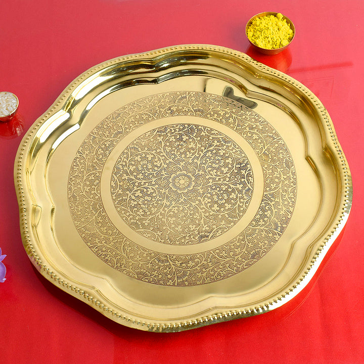 9.5 Inch Brass Decorative Enrgaved Aarti Puja Thali Puja Store Online Pooja Items Online Puja Samagri Pooja Store near me www.satvikworld.com