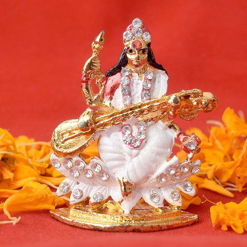 Divine Saraswati Maa Idol, representing wisdom, knowledge, and arts, is beautifully crafted for spiritual and educational spaces. India’s Largest Pooja Accessories Brand – www.satvikworld.com