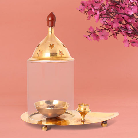 Elegant Brass Leaf Akhand Diya with Incense Holder, a beautiful and traditional diya for enhancing your pooja rituals and festive occasions. India’s Largest Pooja Accessories Brand – www.satvikworld.com