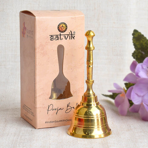 Exquisite brass hand-held puja bell with intricate design, perfect for daily aarti rituals, temple use, and spiritual ceremonies. India’s Largest Pooja Accessories Brand – www.satvikworld.com