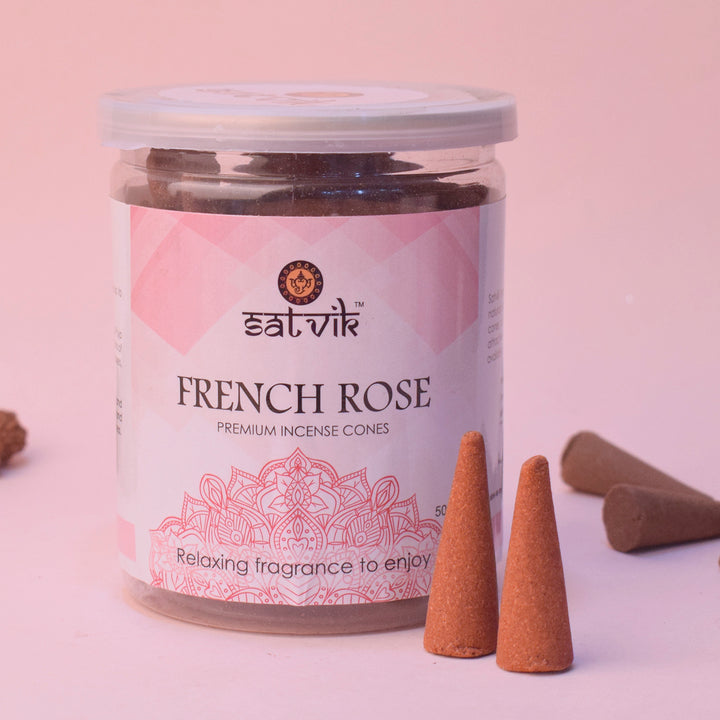 French Rose Incense Cone for Long-Lasting Fragrance, Relaxation, and Daily Puja Use. India’s Largest Pooja Accessories Brand – www.satvikworld.com
