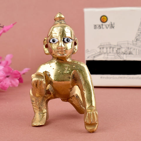 Handcrafted Brass Laddu Gopal Idol in sizes 0 to 3, perfect for pooja rituals, Janmashtami celebrations, and home mandir decoration.  India’s Largest Pooja Accessories Brand – www.satvikworld.com

