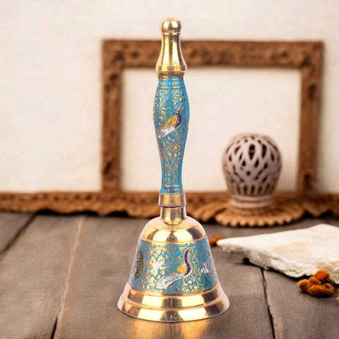 Handcrafted Meenakari Brass Puja Bell in Sky Blue color – 7 Inch decorative temple bell for daily worship. India’s Largest Pooja Accessories Brand - www.satvikworld.com