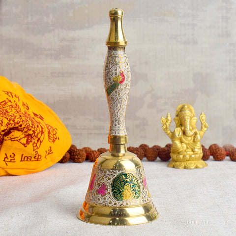 Handcrafted Meenakari Brass Puja Bell in White color – 7 Inch traditional pooja bell for temple rituals and spiritual ceremonies. India’s Largest Pooja Accessories Brand - www.satvikworld.com