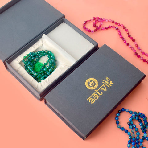 Premium Hakik Jap Mala with Green Aventurine Beads – A Spiritual Meditation Mala for Luck, Prosperity, and Heart Chakra Healing. India’s Premium Hakik Jap Mala Store - www.satvikworld.com
