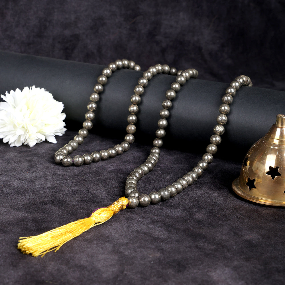 Pyrite Hakik Mala with 108 natural beads for abundance, protection, prosperity and spiritual grounding. India’s Largest Pooja Accessories Brand – www.satvikworld.com