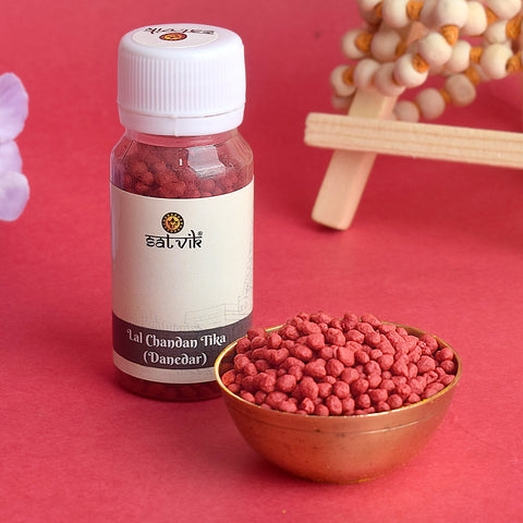 Red Chandan Tika (Lal Chandan Tilak) in danedar form, traditionally used for sacred forehead marking during Hindu rituals and pooja ceremonies. India’s Largest Pooja Accessories Brand – www.satvikworld.com 